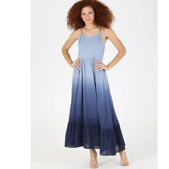 Angie | Dresses | New Angie Blue Ombre Linenlike Cotton Strappy Smocked  Aline Ruffle Maxi Dress | Poshmark
